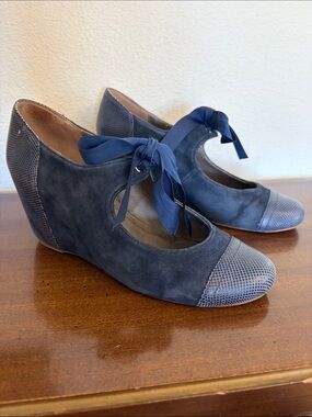 Jeffrey Campbell Vintage Collection Navy Suede Wedge Mary Jane with Ribbon Tie 9